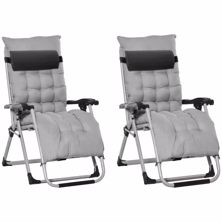 OUTSUNNY 2 Pack Reclining Zero Gravity Folding Lounger Chairs with Weatherproof Cushions in Light Grey