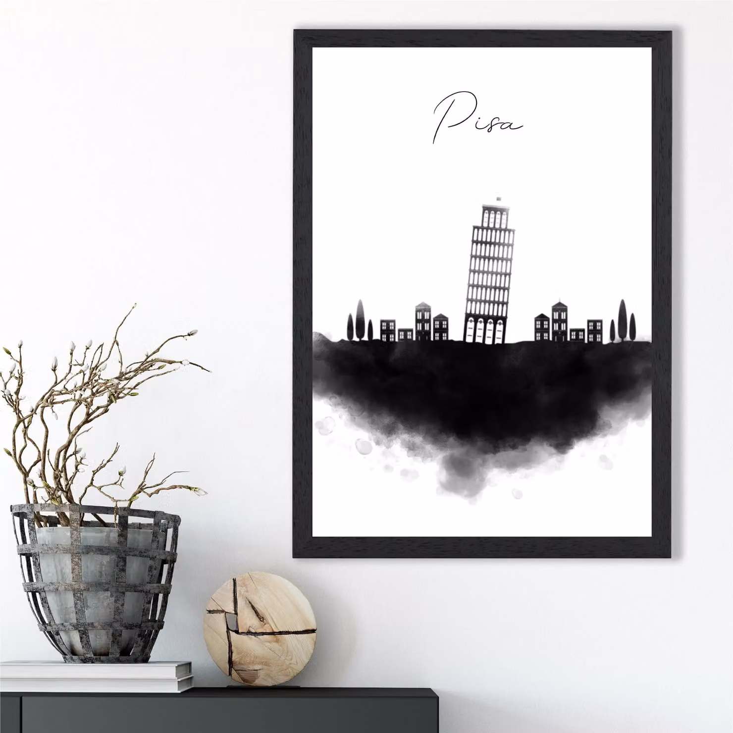 ARTZE Pisa Watercolour Skyline City Framed Print in Black – 2