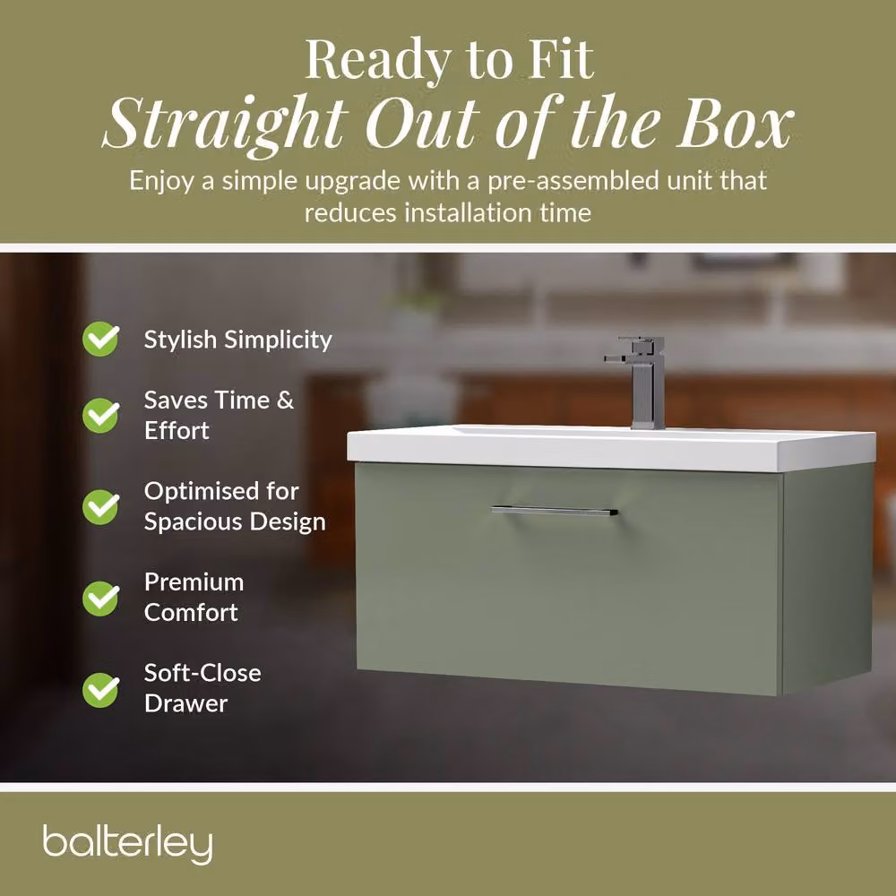 Balterley 800mm Wall Hung 1 Drawer Vanity Basin Unit in Satin Green with Pewter Handle – 4