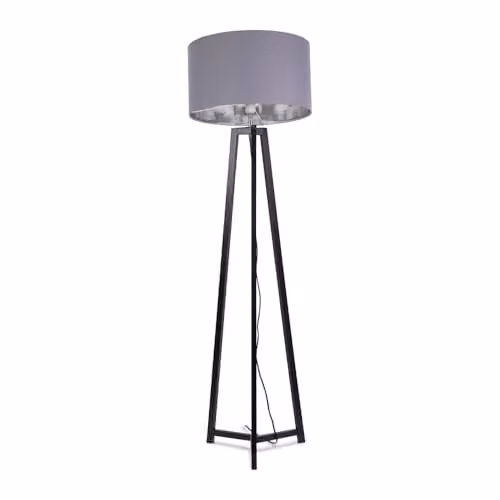 ValueLights Black Wood Tripod Floor Lamp with Grey and Chrome Drum Lampshade and Included LED Bulb – 1