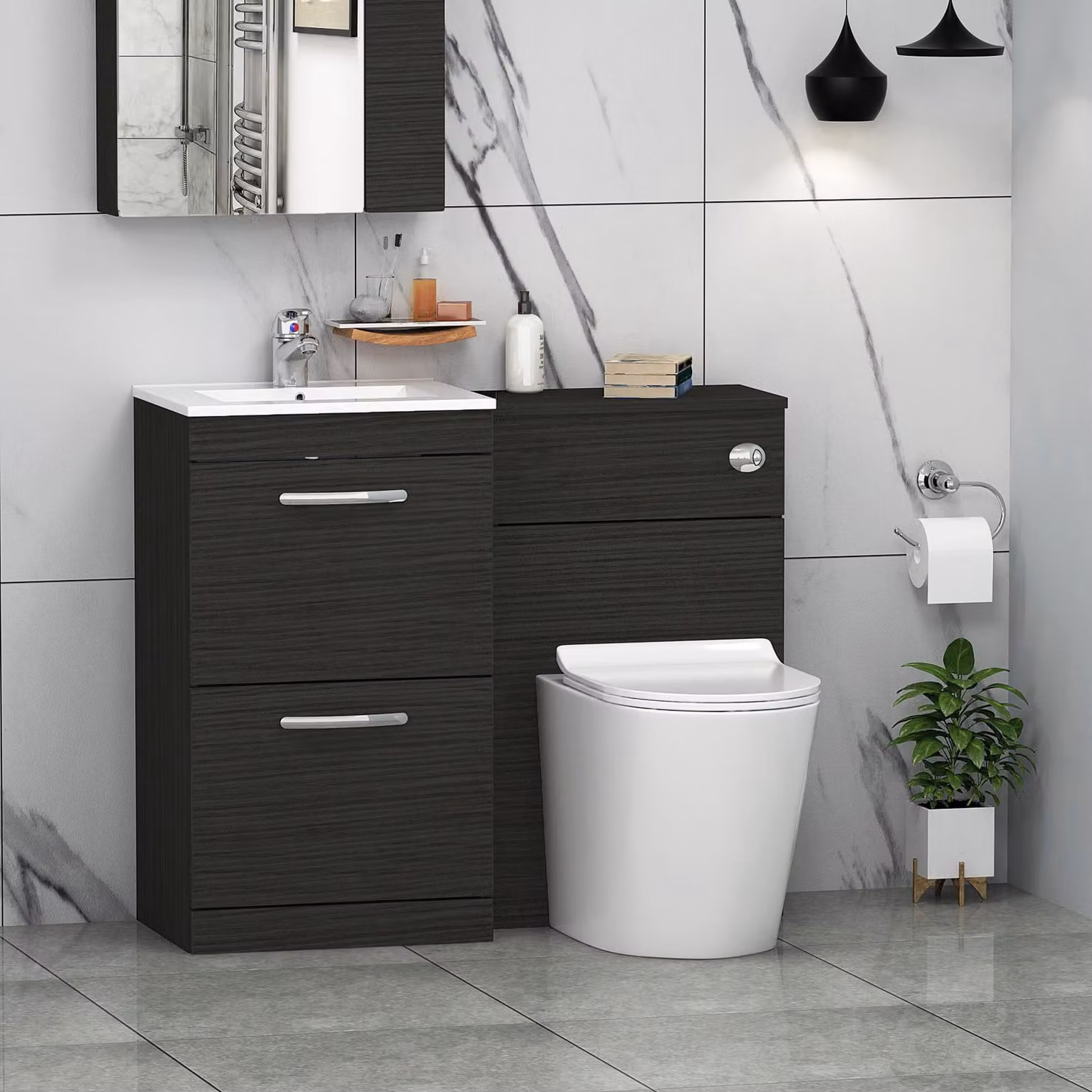Royal Bathrooms Modern Turin Matt Black 1000mm Minimalist 2-Drawer Basin and Cesar Back to Wall Toilet Pack