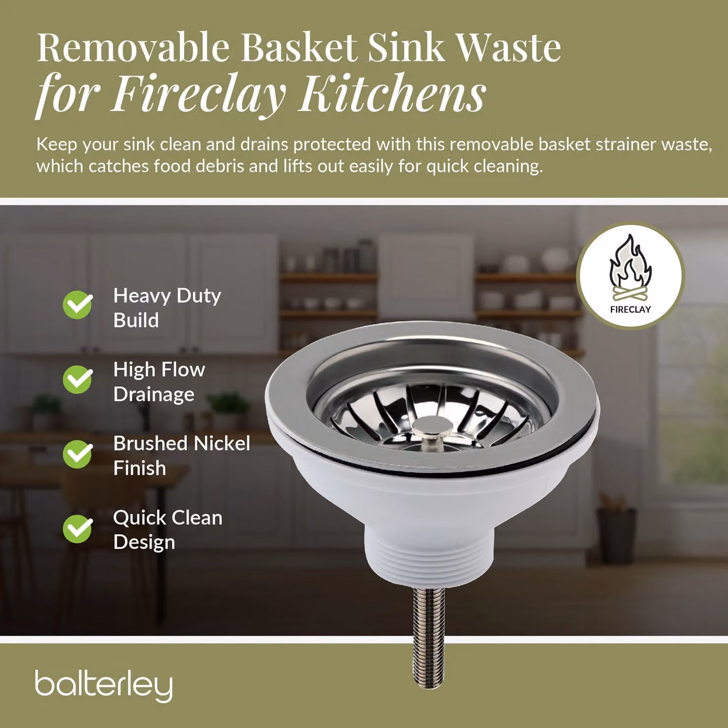 Balterley Kitchen Sink Waste Kit with Stainless Steel Basket Strainer in Brushed Nickel, W/D/H: 11.5 x 11.5 x 6.3 cm – 3
