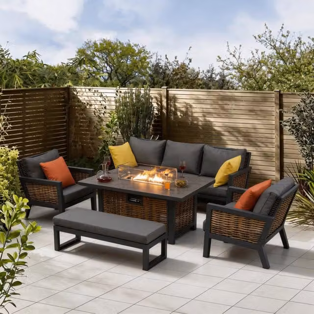 Furniture One 7-Person Grey Aluminium Garden Lounge Set with Cushions including 3-Seater Sofa, Single Sofa, Bench and Fire Pit Table