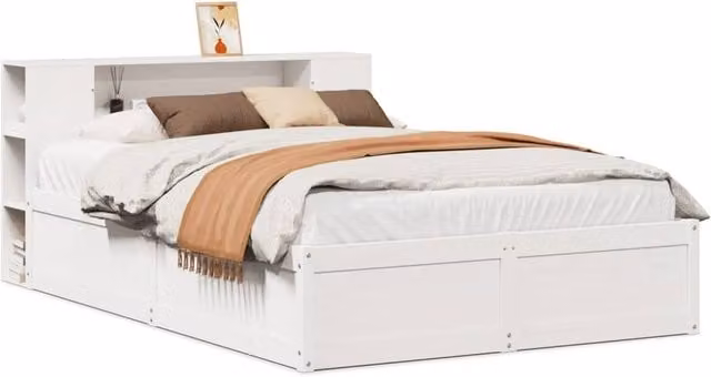 Berkfield Home White Solid Wood Pine Bed Frame with Side Compartments W/D/H: 160 x 200 cm