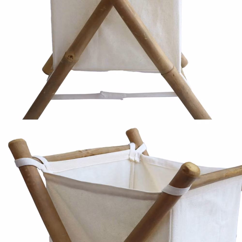Sweek Foldable Bamboo and Fabric Laundry Basket in Brown and White, W/D/H: 39.5 x 41.0 x 60.0 cm – 4