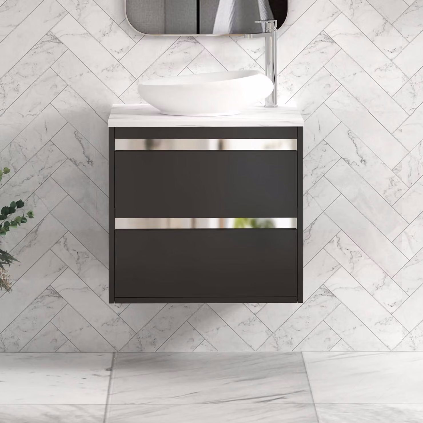 Royal Bathrooms Orion 600mm Matt Obsidian Black Wall Hung Vanity Unit with Nova Basin and Chrome Accent Trim, W: 60 cm