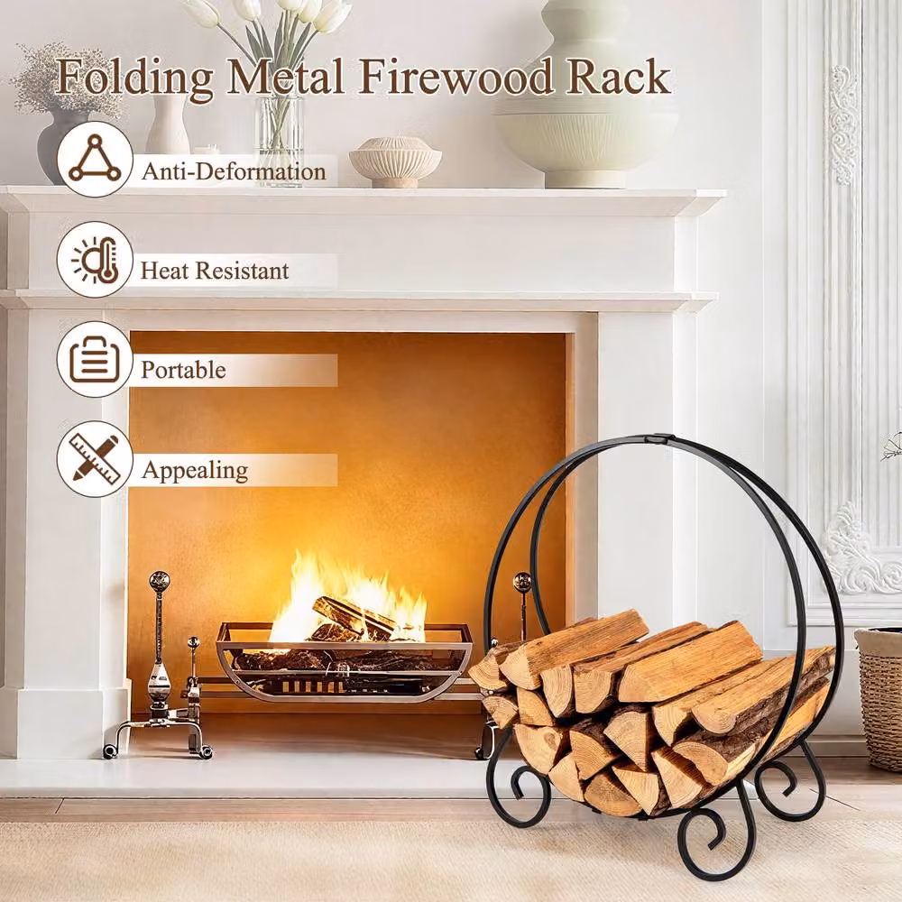 Gymax Folding A-frame Firewood Rack and Log Hoop in Black – 5