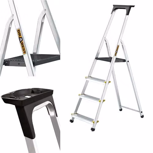 Drabest PRO Series 4-Step Aluminium Household Step Ladder with Non-Slip Rubber Feet, Silver and Yellow, W/D/H: 43 x 12 x 145 cm – 1