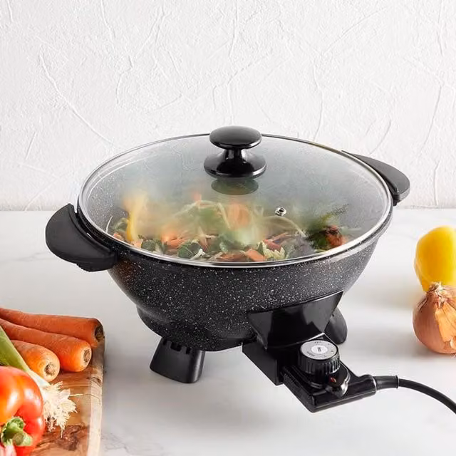 VonShef 5L Electric Wok in Black with Aluminium Construction and Analog Display