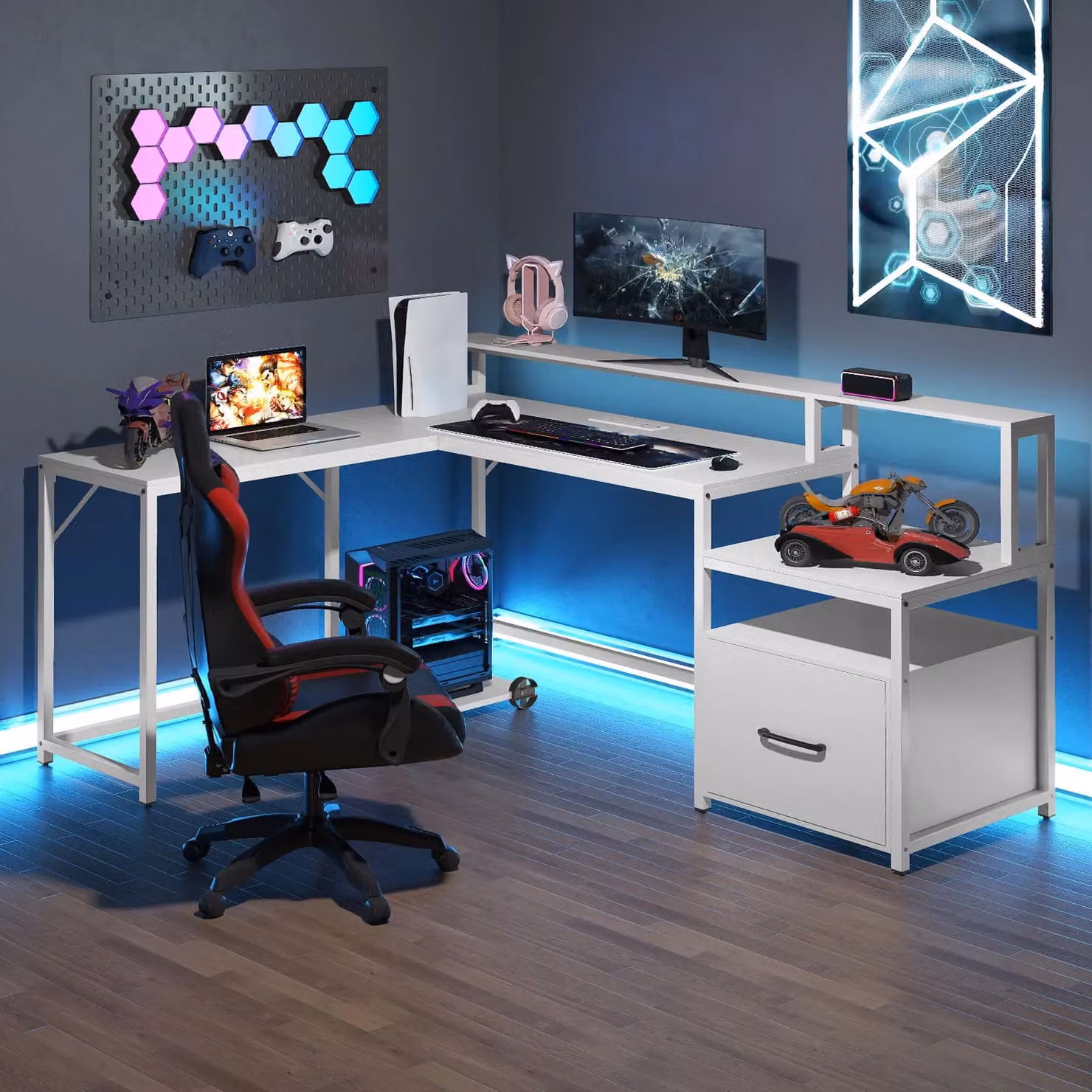 Gymax L-shaped Corner Desk with File Drawer and Power Outlet in White – 2