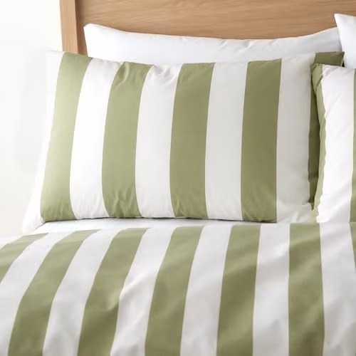 Catherine Lansfield Cove Stripe Reversible Double Duvet Cover and Pillowcase Set in Green and White, W/D/H: 200 x 200 cm and 50 x 75 cm – 2