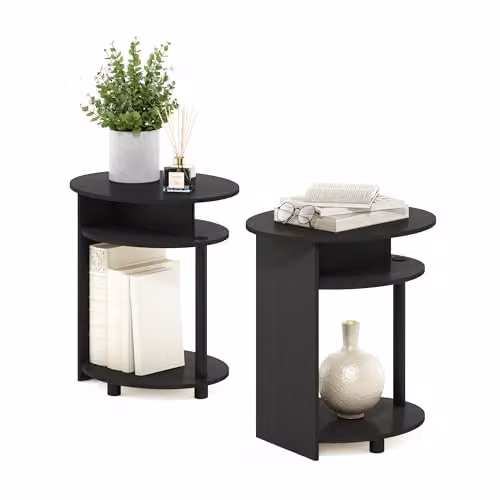 Furinno JAYA Set of 2 Round 3-Tier Side Tables with Oval Top and Open Shelves, Walnut – 1