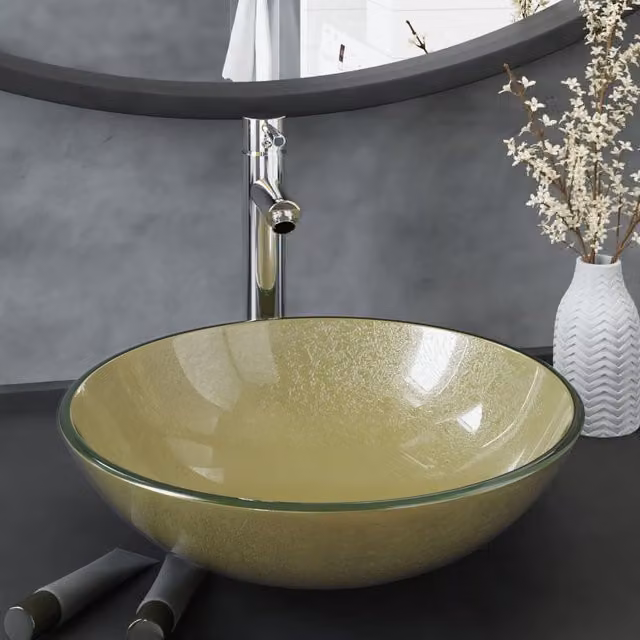 Berkfield Home Gold Tempered Glass Round Countertop Bathroom Sink with Tap and Push Drain