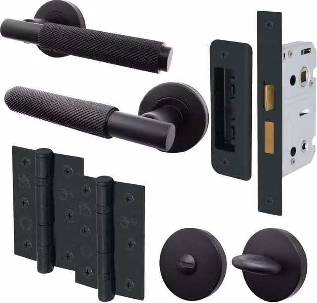 AFIT Black Knurled Bathroom Door Handle Set with Lock and Hinges in Aluminium and Steel, 150 x 150 mm