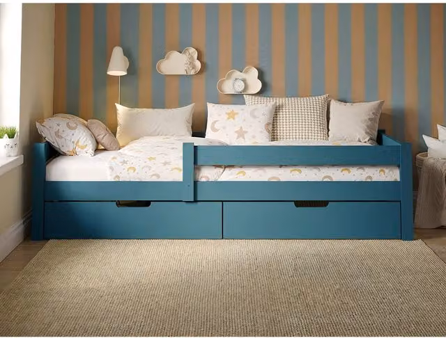 Flair Milo Single Bed with Storage Drawers in Blue and White, Solid Pine Wood, 90 x 200 cm