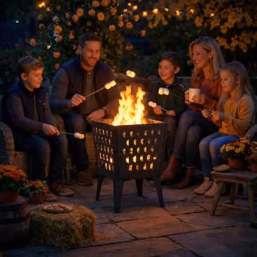 SUNJOY Black Steel Outdoor Fire Pit with Elevated Base, Cover and Poker, W: 46 cm, D: 46 cm, H: 61 cm – 2