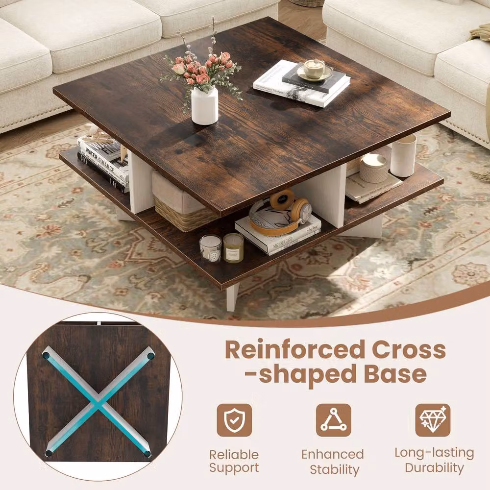 Gymax 2-Tier Square Coffee Table in Dark Brown, W/D/H: 60 x 60 x 33 cm – 7