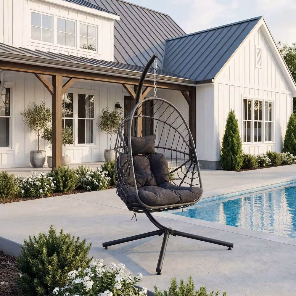 Living and Home Modern Hanging Egg Chair with Cushion and Headrest in Grey – 2