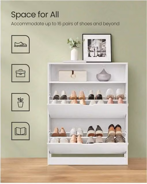 VASAGLE Minimalist White Shoe Cabinet with Tilting Compartments and Internal Shelves