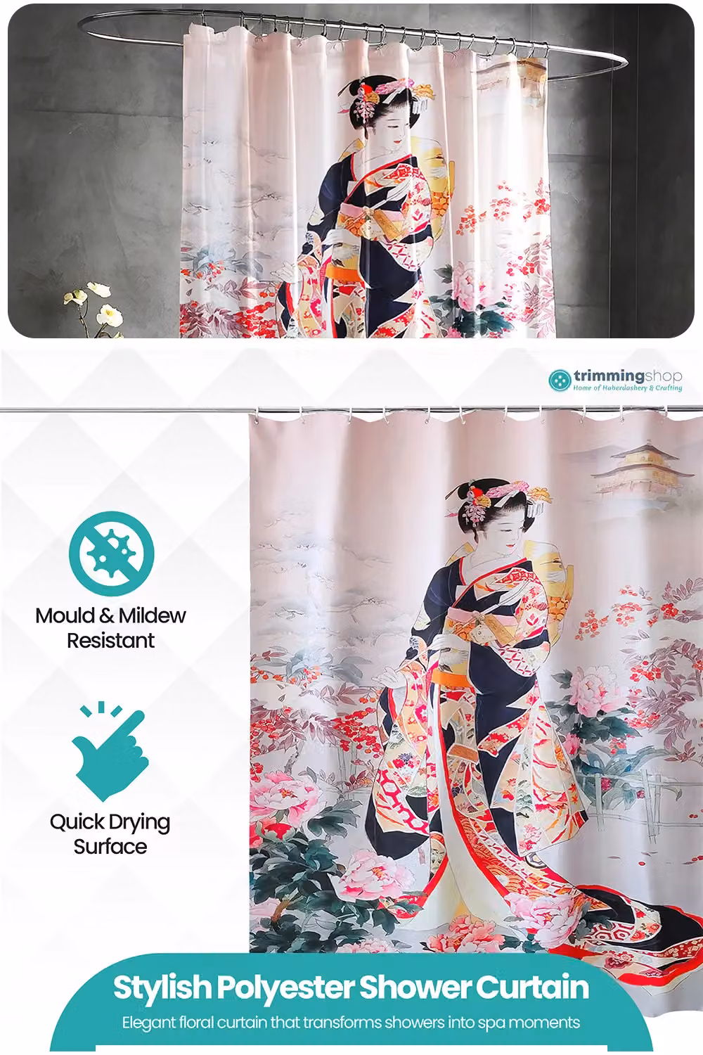 Neel Blue Woman Art Printed Polyester Bathroom Shower Curtain, Blue and Multicolour, W: 180 cm, H: 180 cm – 2