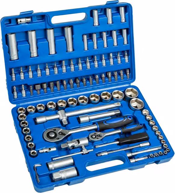 tectake 94-Piece Ratchet and Socket Set in Blue and Black with Chrome Vanadium Tools and Plastic Case