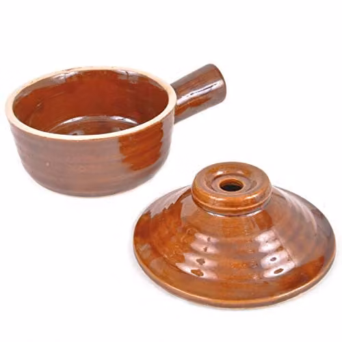mysmartbuy Brown Ceramic Stoneware Microwaveable Cooking Pot with Lid and Handle, Diameter: 10 cm