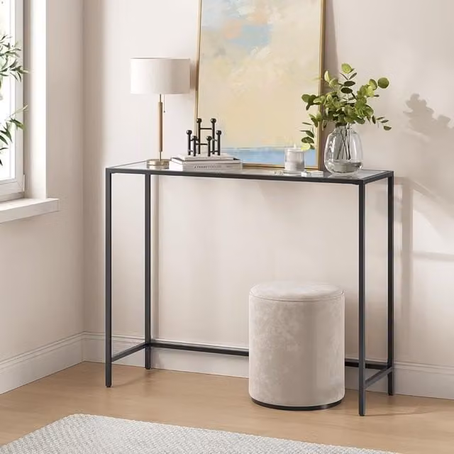 The Bazaarist Modern Entryway Console Table with Rectangular Tempered Glass Top and Metal Frame in Ink Black and Transparent