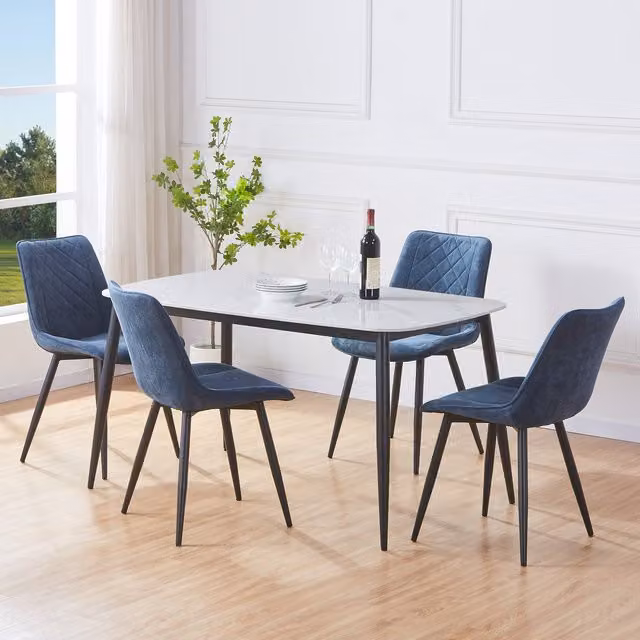 Aspen White Sintered Stone Rectangular Dining Table and 4 Blue Cord Fabric Chairs Set