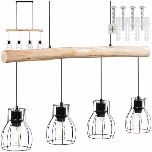 tectake Industrial Style Pendant Light with Wood Beam and 4 Black Cage Lampshades, Adjustable Height, Black and Wood