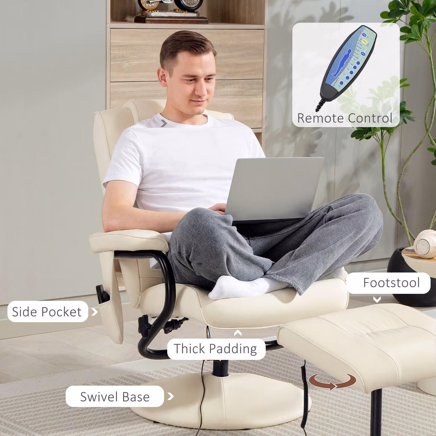 HOMCOM Swivel Recliner Chair and Footstool Set in Cream White Faux Leather with Remote Control and 360 Degree Rotation – 4