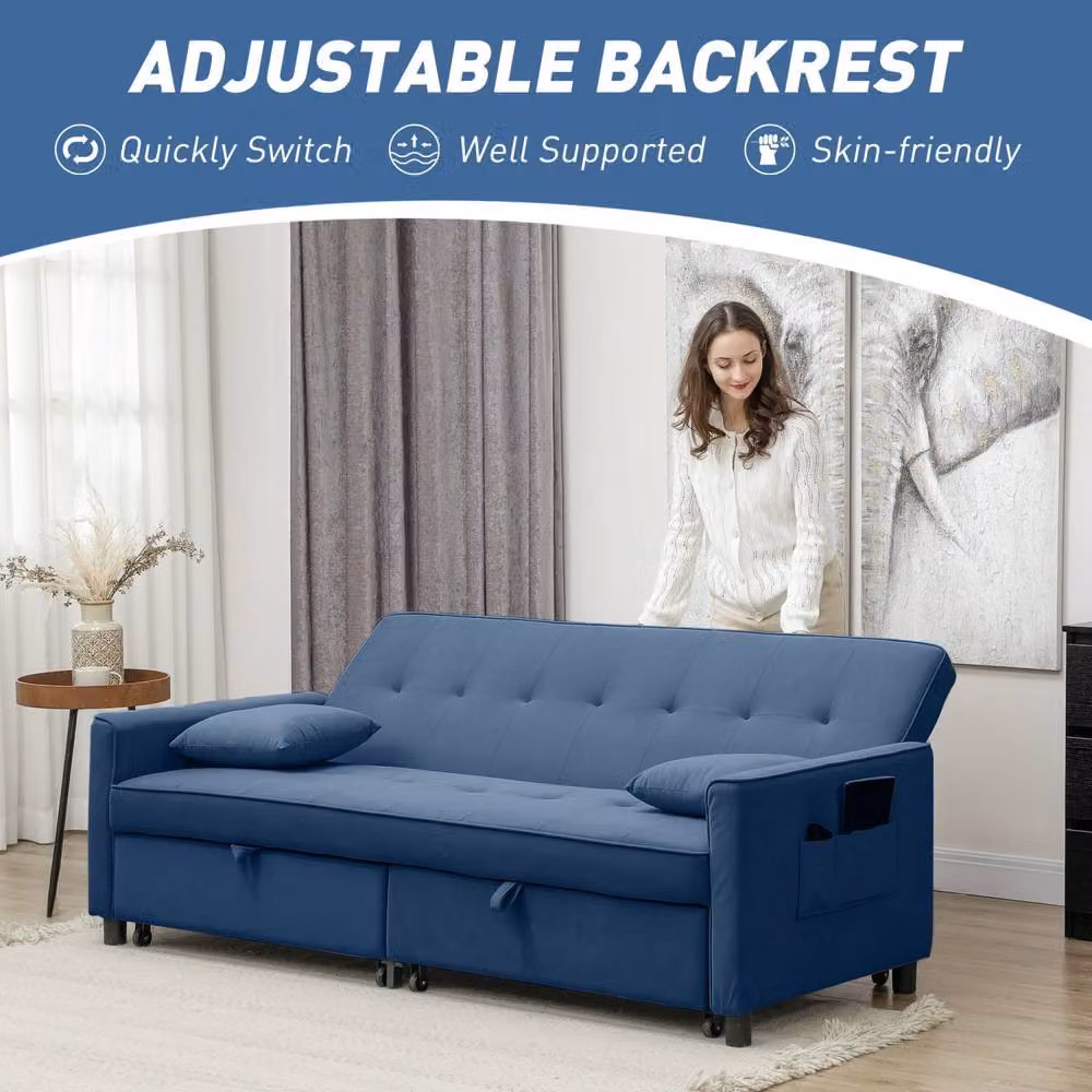 Wyld Haus Sarova Blue Velvet 3 Seater Click Clack Convertible Sofa Bed with Scatter Cushions, W/D/H: 196 x 89 x 90 cm – 6