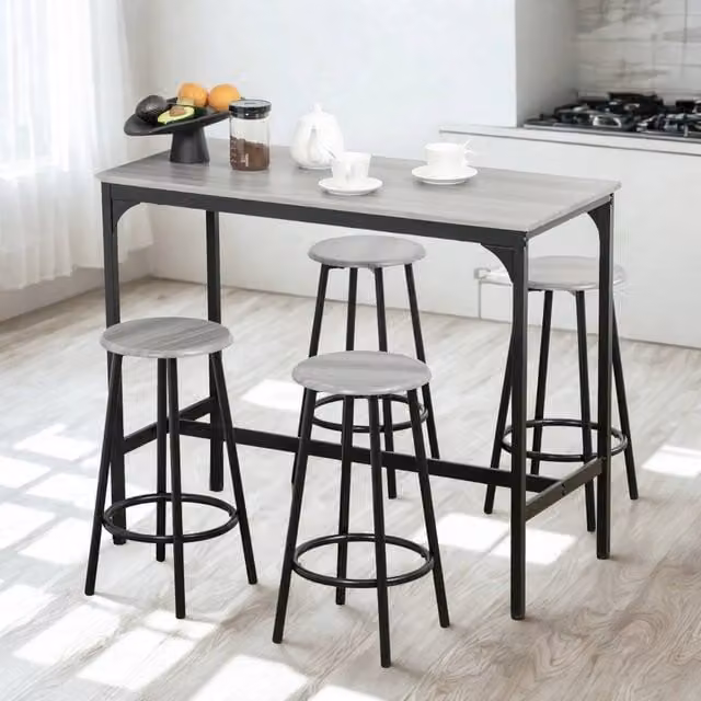 Pirlo Plush 5-Piece Industrial Dining Set with Rectangular Table and Stools in Grey and Black – 1