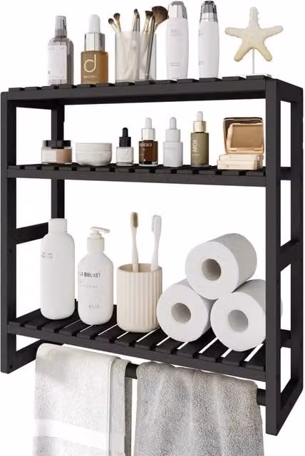 FORGEVIO 3-Tiered Adjustable Bamboo Bathroom Storage Shelf in Black