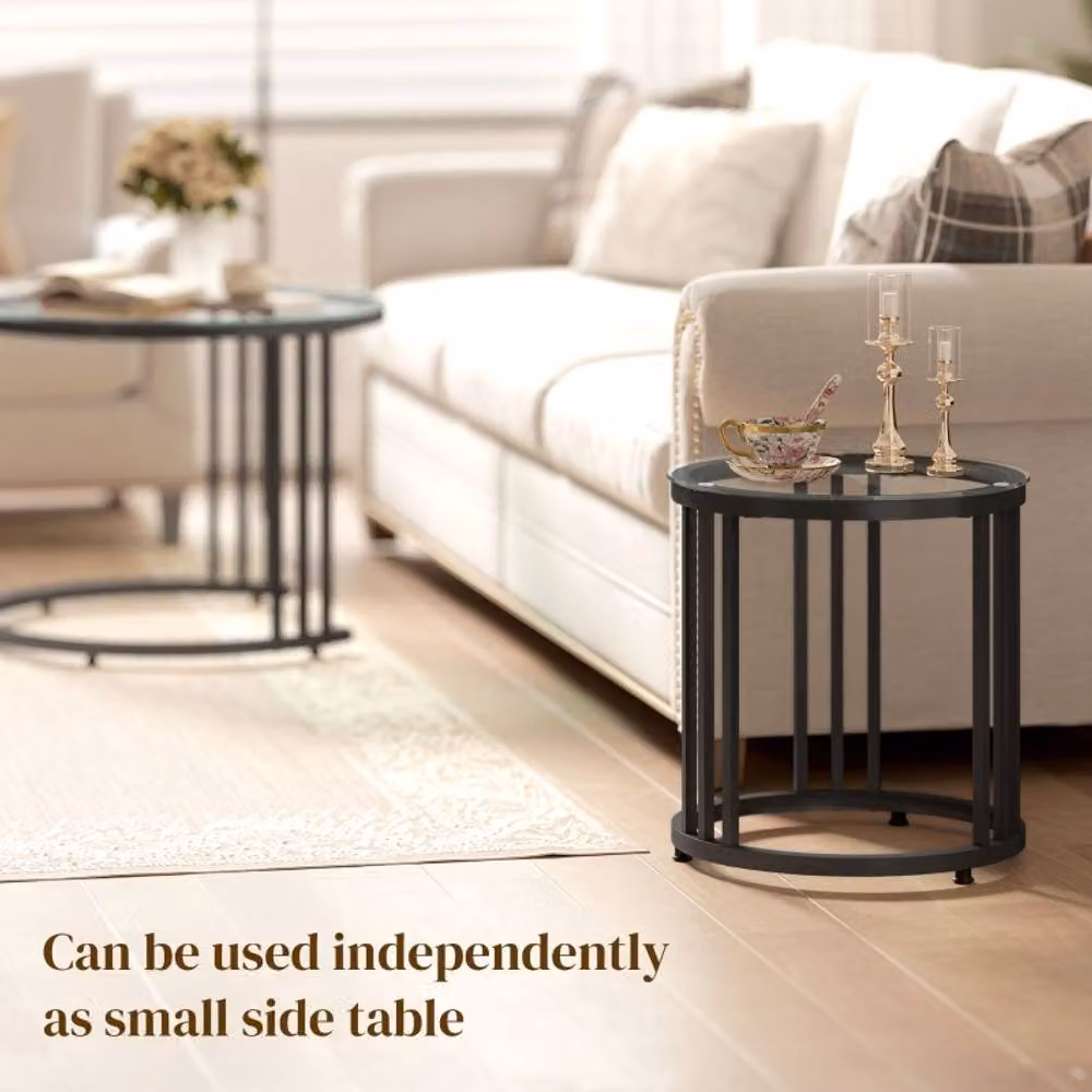 STILVORA Set of 2 Round Nesting Coffee Tables with Black Glass Tops – 2