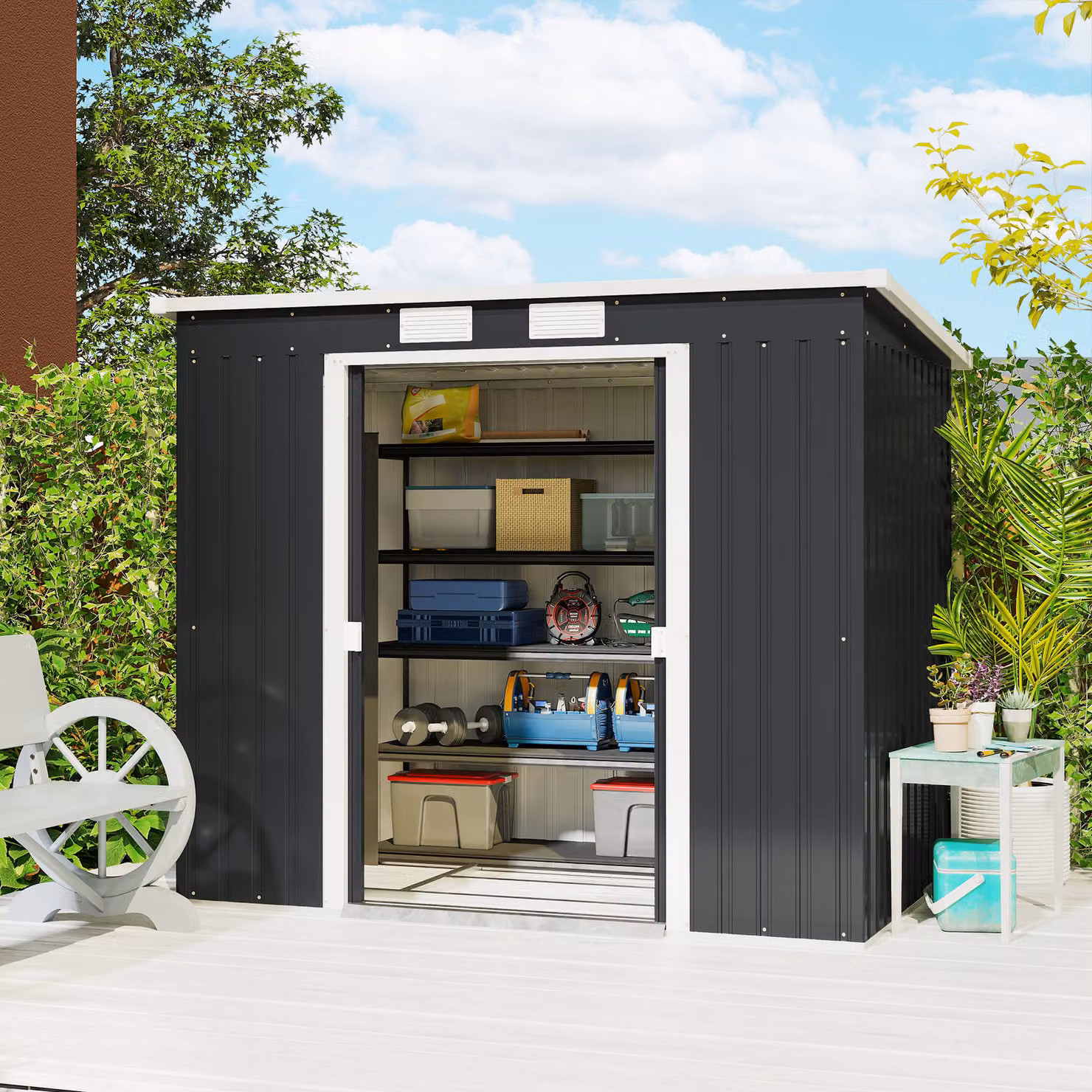 Outsunny Steel Garden Shed with Foundation Kit, Lockable Double Doors and Pent Roof, Dark Grey, W/D/H: 130 x 213 x 173 cm – 2