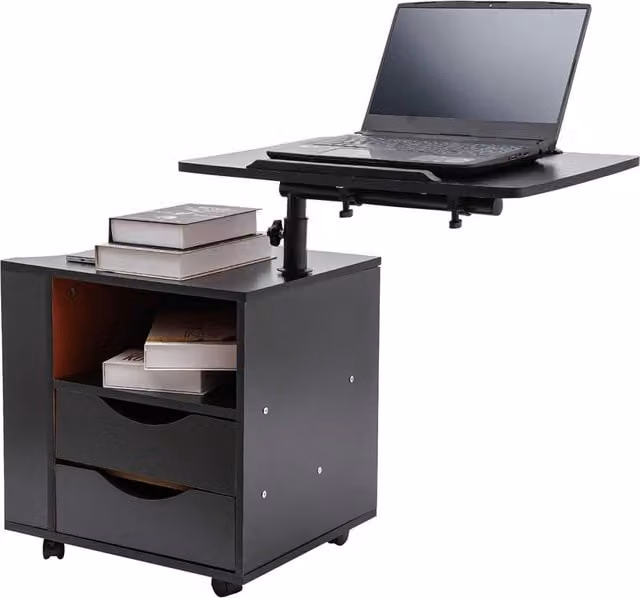 Nordara Adjustable Rotating Bedside Table with Wheels and 2 Drawers in Black
