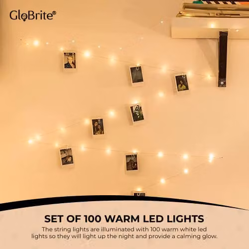 Globrite 100 LED Battery Operated Warm White Fairy Lights with Photo Pegs and String – 2