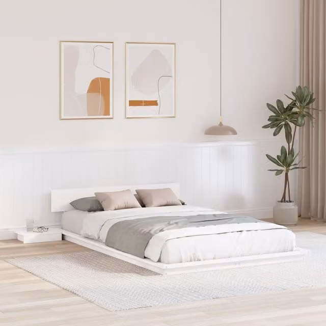 Berkfield Home White Lacquered Solid Wood Floor Bed Frame with Headboard and Bedside Shelves, W/D/H: 120 x 190 cm