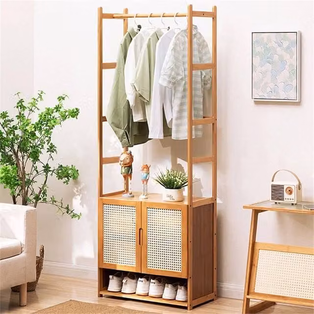 Nordara Bamboo Garment Rail Clothes Rack in Beige, W: 168.0 cm, H: 53.0 cm, D: 31.5 cm – 1