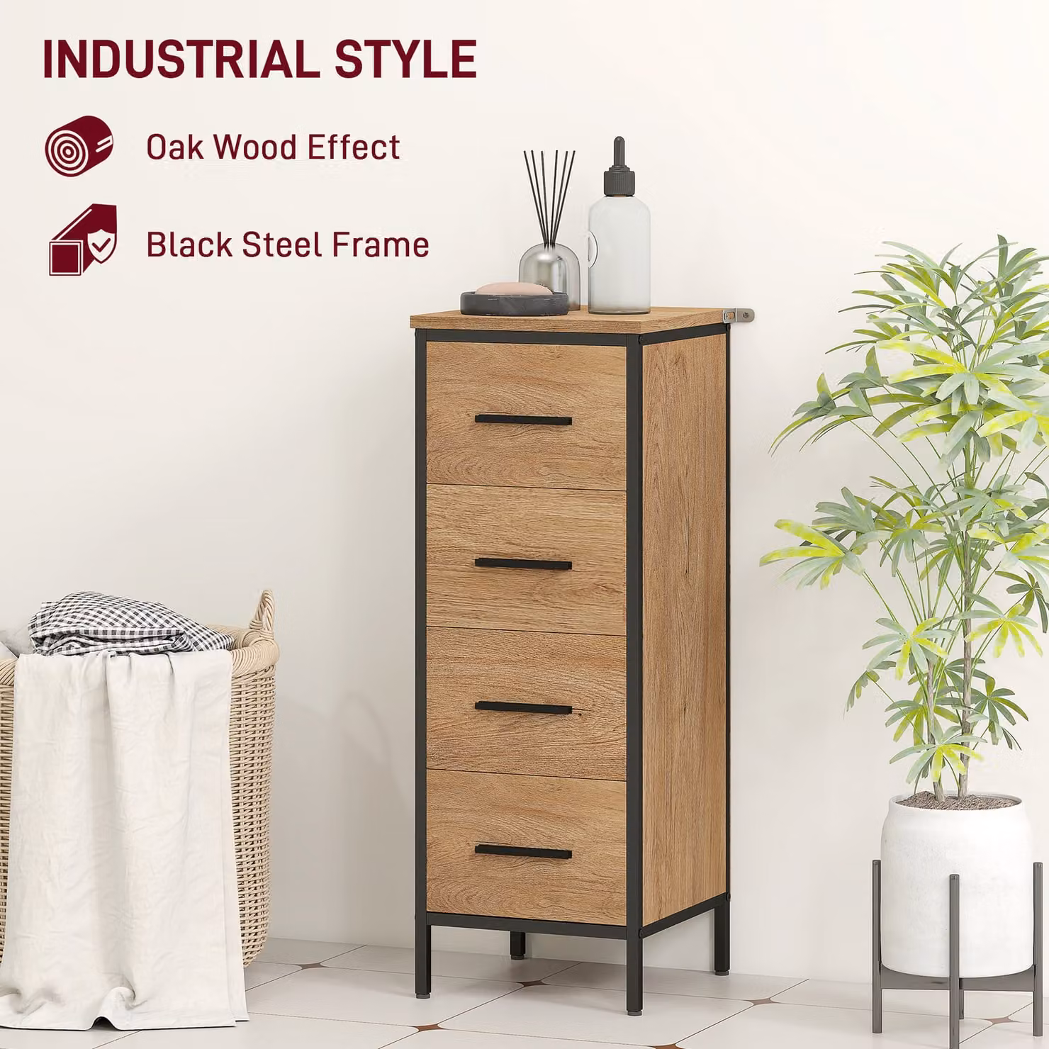 HOMCOM Narrow Bathroom Storage Cabinet with 4 Drawers in Brown and Black – 4