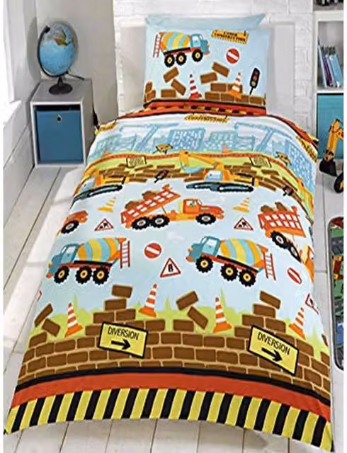 Rapport Home Under Construction Childrens Duvet Cover and Pillowcase Set, Multicoloured, W: 135 cm, H: 200 cm
