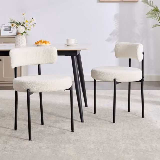 Modern Home Touch Set of 2 Mid-Century Bouclé Fabric Upholstered Dining Chairs in Beige and Black