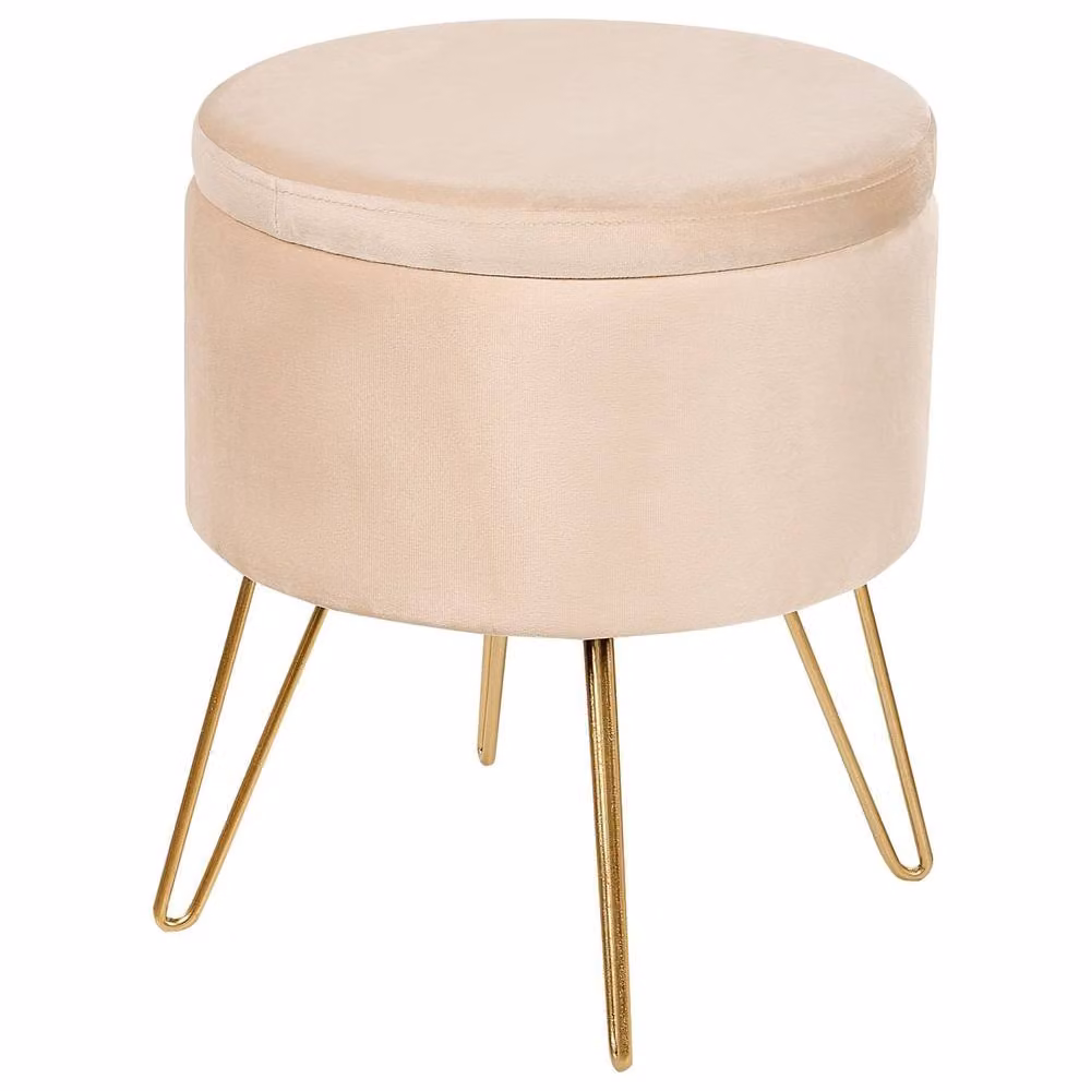 Wyld and Coco Light Beige Velvet Cylindrical Storage Pouffe with Gold Metal Legs, W/D/H: 42 x 42 x 44 cm – 2