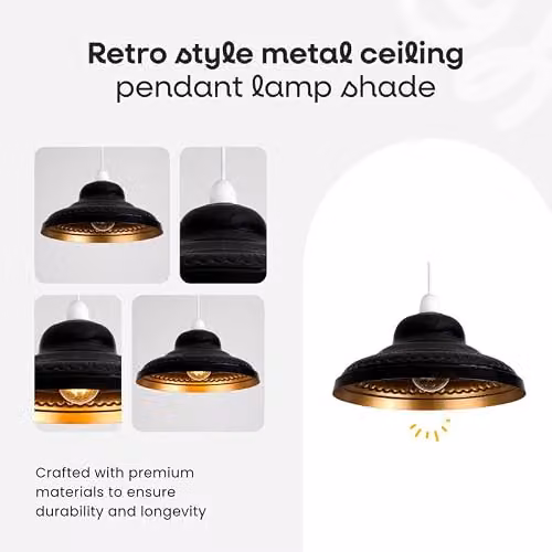 ValueLights Retro Style Metal Dome Ceiling Pendant Lamp Shade in Black and Gold, Shade Width: 28 cm – 2