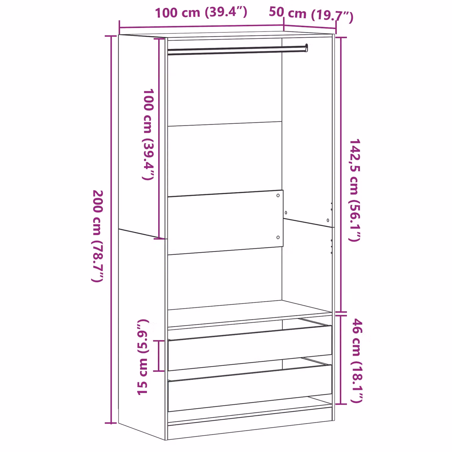 Berkfield Home Black Minimalist Wardrobe with Internal Drawers, W/D/H: 100 x 50 x 200 cm – 5