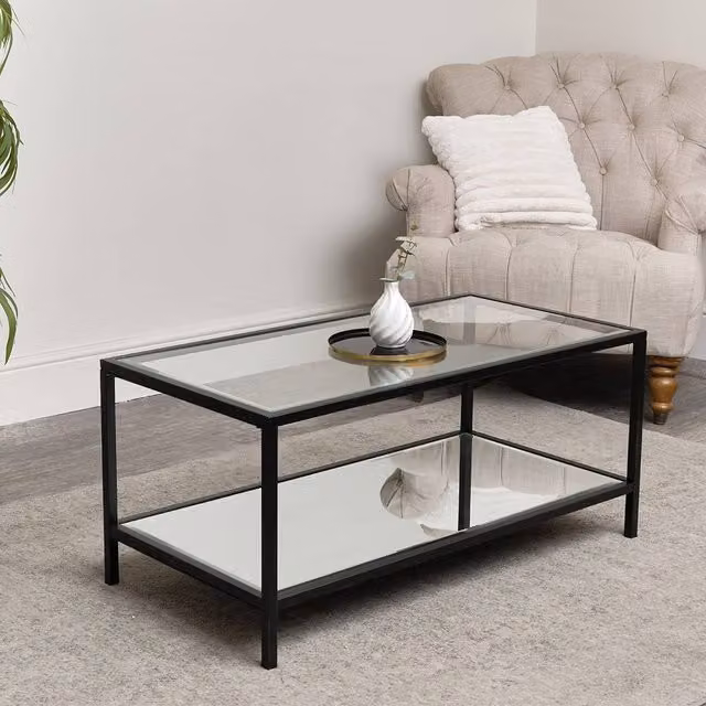 Melody Maison Black Glass and Mirrored Rectangular Coffee Table