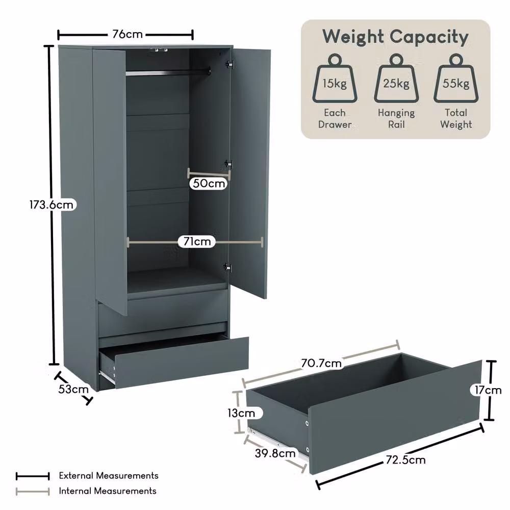 HD Designs Denver 2 Door Wardrobe with Drawers in Green MDF – 2