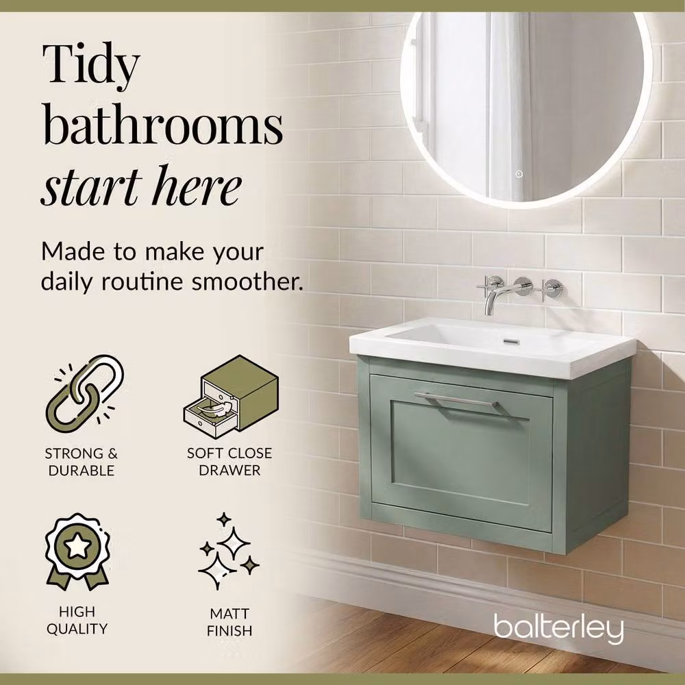 Balterley Blithbury Wall Hung 1 Drawer Vanity Basin Unit, Matt Green, W: 60 cm, D: 45 cm – 3