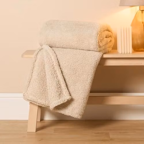 OHS Large Teddy Fleece Blanket in Beige, W/D/H: 240 x 200 cm