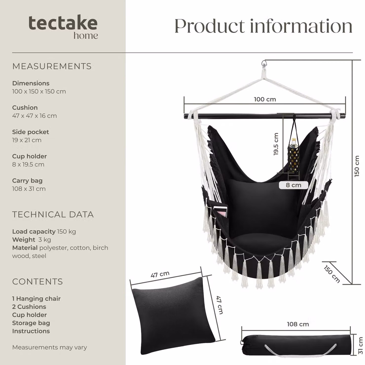 tectake Malika Boho Style Hanging Chair with Stand in Black – 6